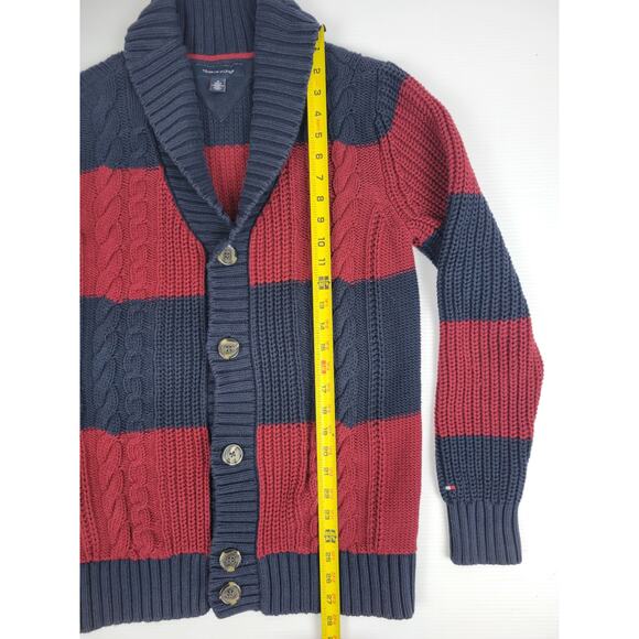 Vintage Hilfiger Mens Medium Rugby Striped Grandpa Chunky Cable Knit Cardigan - Picture 8 of 11